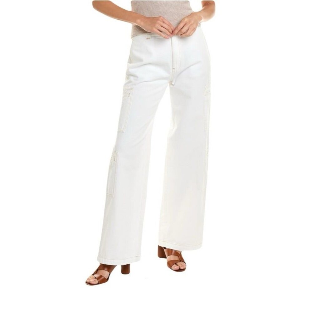 HUDSON 28 White Denim Cargo Pants High Rise Wide Leg 6 pockets